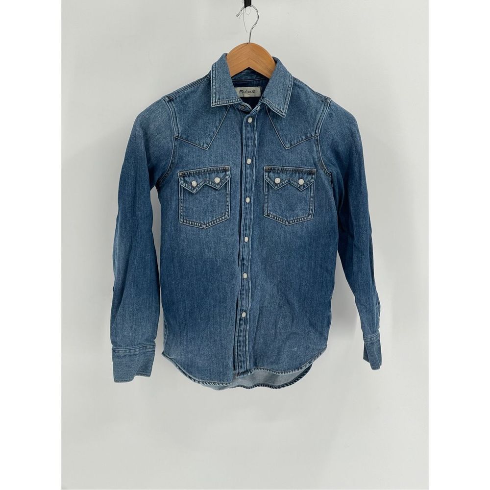 Madewell Button Down Denim Shirt Western Women's XXS Blue Pearl Snap